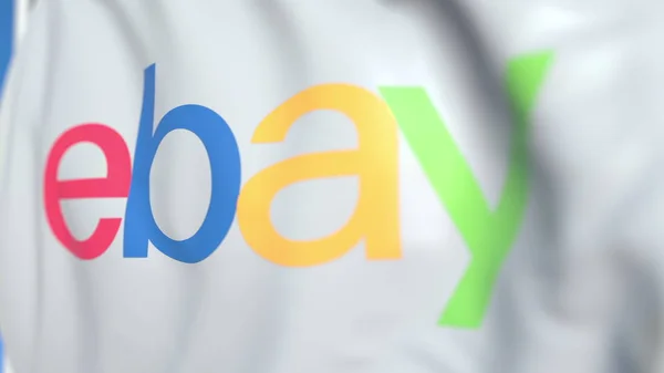 Размахиваю флагом с логотипом eBay Inc., крупным планом. Редакционная 3D рендеринг — стоковое фото