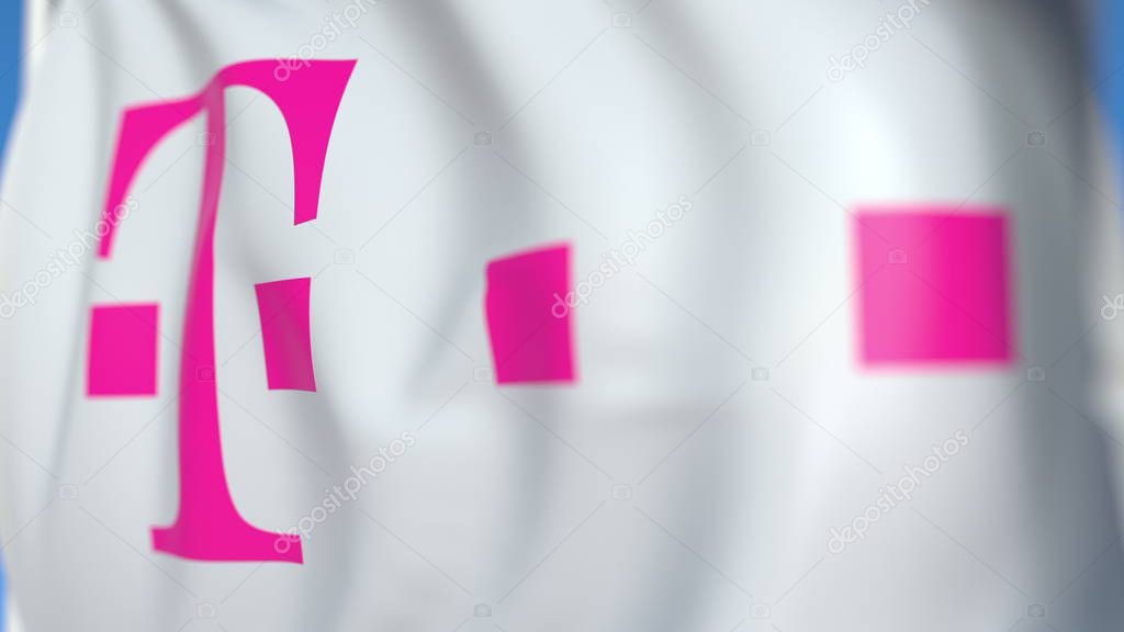 Waving flag with logo, close-up. Editorial 3D