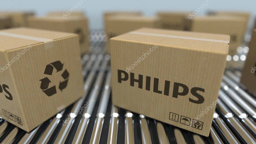 Carton boxes with logo move on roller conveyor. Editorial 3D