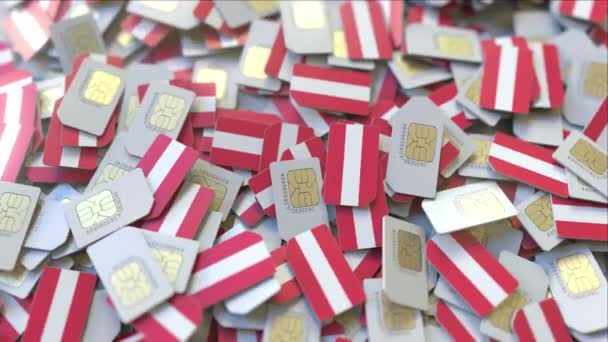 Muchas tarjetas SIM con bandera de Austria, Austria telecomunicaciones móviles relacionadas con la animación 3D — Vídeos de Stock