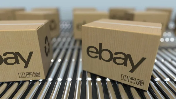 Pudełka tekturowe z logo eBay poruszają się na przenośniku rolowym. Realistyczne renderowanie 3D — Zdjęcie stockowe