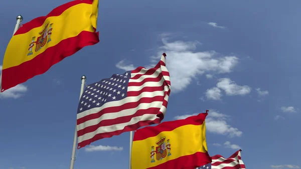 Många flaggor i Spanien och USA, 3D-rendering — Stockfoto