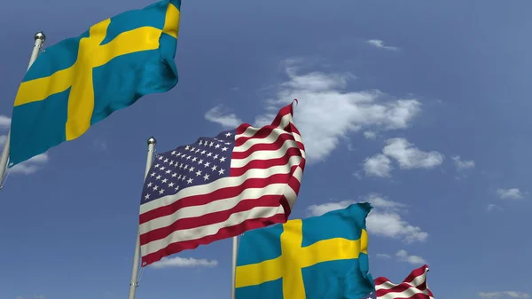 Wiele flag Szwecji i USA, renderowanie 3D — Zdjęcie stockowe