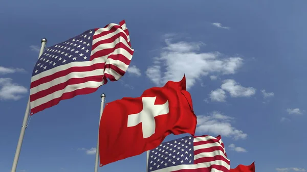 Muchas banderas de Suiza y Estados Unidos, renderizado 3D — Foto de Stock