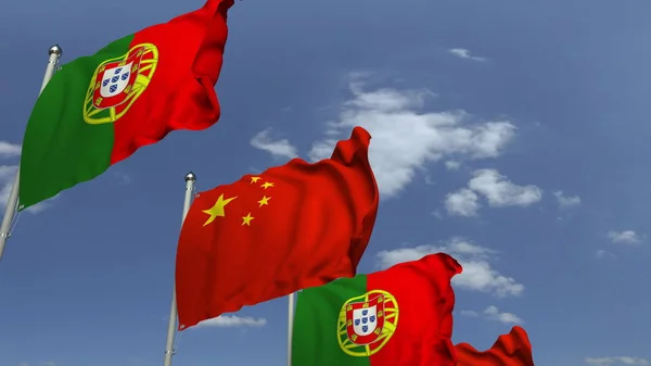 Muitas bandeiras de Portugal e China, renderização 3D — Fotografia de Stock
