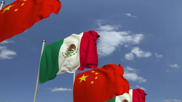 Waving flags of Mexico and China on sky background, 3D rendering — Stock Photo, Image