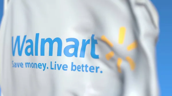 Bandeira acenando com o logotipo da Walmart Inc., close-up. Renderização 3D editorial — Fotografia de Stock