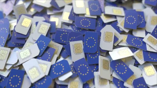 Múltiples tarjetas SIM con bandera de la UE. Animación 3D conceptual europea de telecomunicaciones móviles — Vídeo de stock