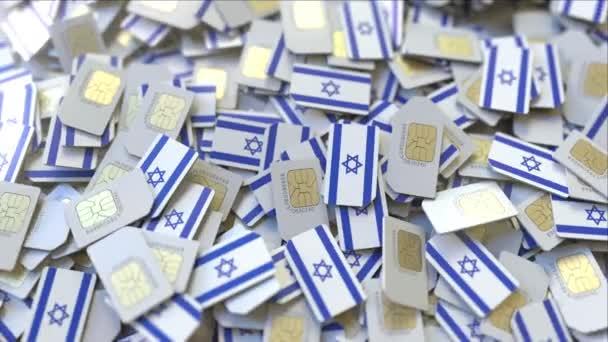 Pilha de cartões SIM com bandeira de Israel. Animação 3D conceitual relacionada às telecomunicações móveis israelenses — Vídeo de Stock