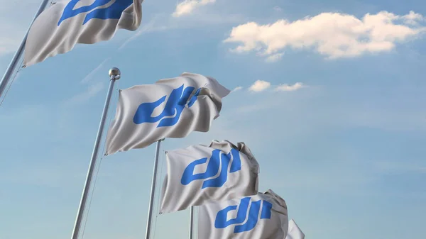 Dji 로고가 있는 깃발을 흔드는 행. 에디토리얼 3D 렌더링 — 스톡 사진