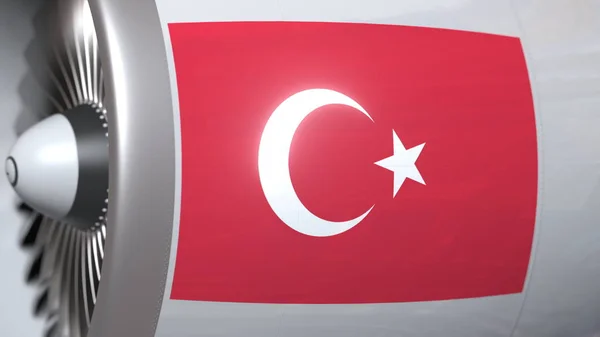 Самолетный двигатель с флагом Турции. Концептуальный 3D-рендеринг воздушных перевозок Турции — стоковое фото