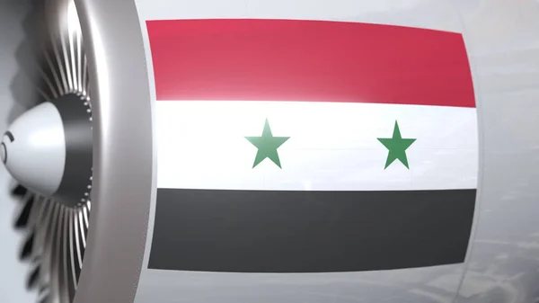 Flygplanmotor med flagga av Syrien, syriska lufttransport relaterade 3D rendering — Stockfoto