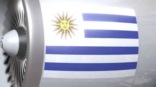 Vliegtuig motor met vlag van Uruguay. Een conceptuele 3D-rendering van Uruguayaanse luchtvervoer — Stockfoto