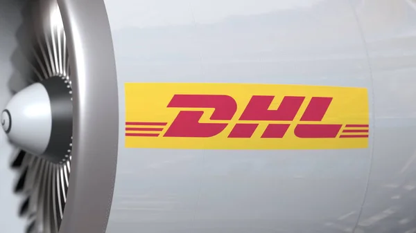DHL logóval ellátott repülőgépturbina. Szerkesztői konceptuális 3D renderelés — Stock Fotó