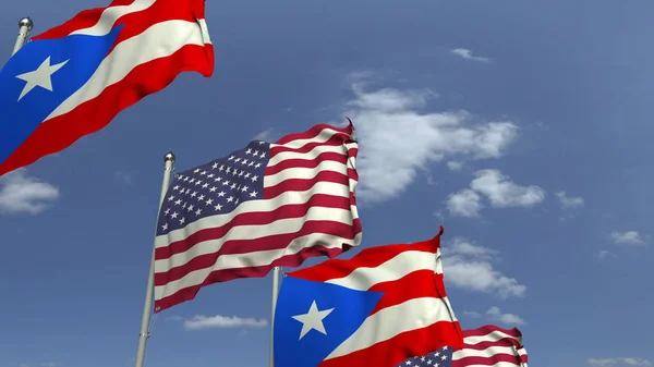 Розмахуючи прапори Пуерто-Ріко і США, 3D-рендеринга — стокове фото