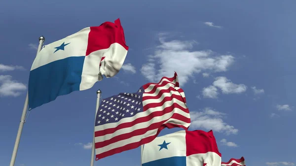 Row of waving flags of Panama and the USA, 3D rendering — Stock Photo, Image