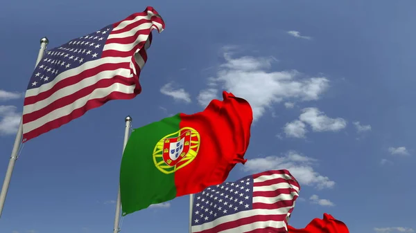 Muchas banderas de Portugal y Estados Unidos, renderizado 3D — Foto de Stock