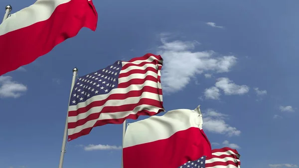 Ondeando banderas de Polonia y Estados Unidos, representación 3D —  Fotos de Stock