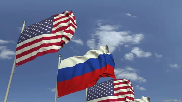 Ряд размахивания флагами России и США, 3D рендеринг — стоковое фото