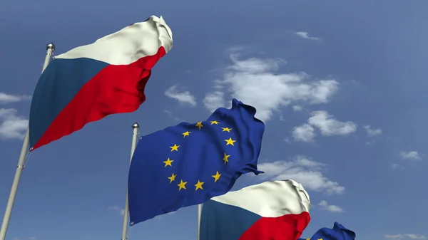 Çek Cumhuriyeti ve Avrupa Birliği Avrupa Birliği bayrakları sallayarak, 3d render — Stok fotoğraf