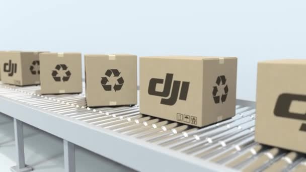 Molti cartoni con logo DJI si muovono su trasportatore a rulli. Animazione editoriale Loopable 3D — Video Stock