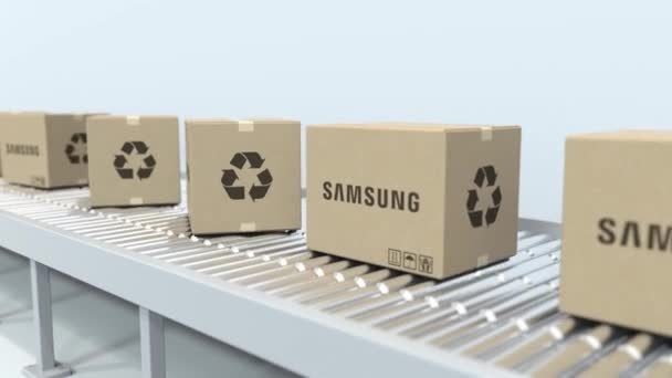 Logotipo de SAMSUNG en cajas móviles en transportador de rodillos. Animación Editorial 3D, bucle sin costuras — Vídeo de stock