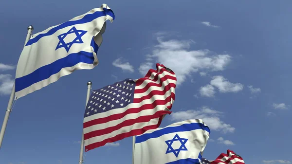 Israels flaggor och USA vid internationella möten, 3D-rendering — Stockfoto