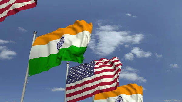 Rij van zwaaiende vlaggen van India en de VS, 3D-rendering — Stockfoto