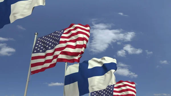 Ряд размахивания флагами Финляндии и США, 3D рендеринг — стоковое фото
