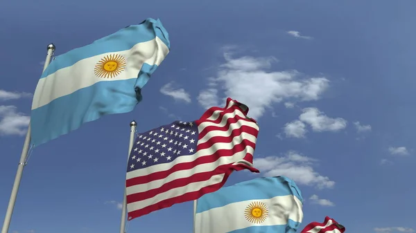 Fila de banderas ondeantes de Argentina y Estados Unidos, representación 3D — Foto de Stock