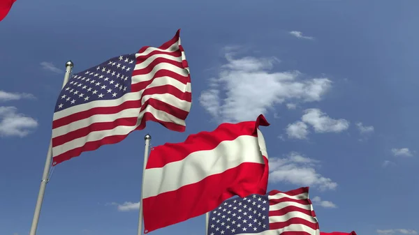 Waving flags of Austria and the USA on sky background, 3D rendering — Stock Photo, Image