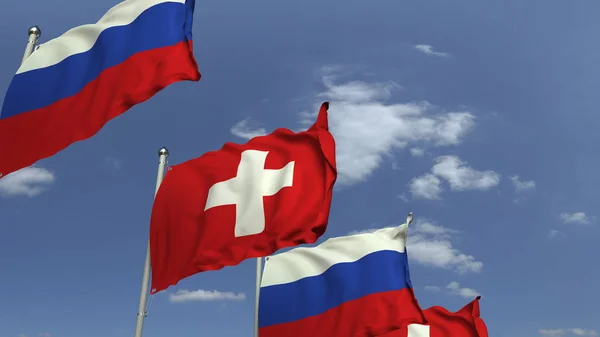 Muchas banderas de Suiza y Rusia, representación 3D — Foto de Stock