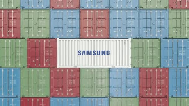 Cargo container met Samsung logo. Redactionele 3D-animatie — Stockvideo