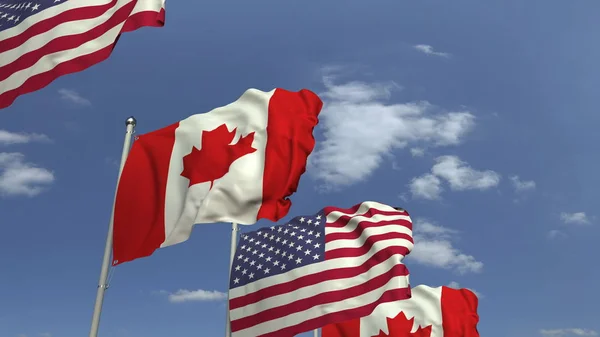 Rangée de drapeaux du Canada et des États-Unis, rendu 3D — Photo