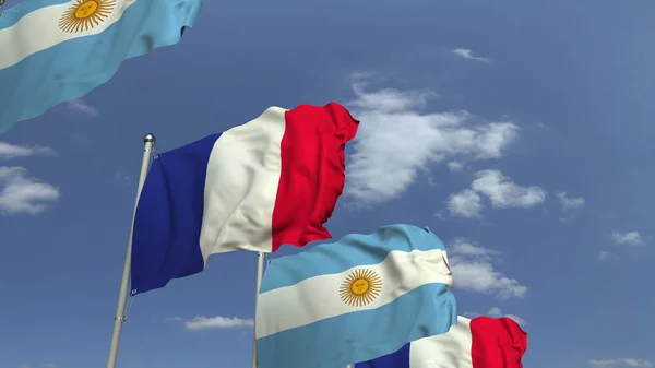 Reihe schwenkender Fahnen Argentiniens und Frankreichs, 3D-Darstellung — Stockfoto