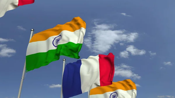 Rij van zwaaiende vlaggen van India en Frankrijk, 3D-rendering — Stockfoto