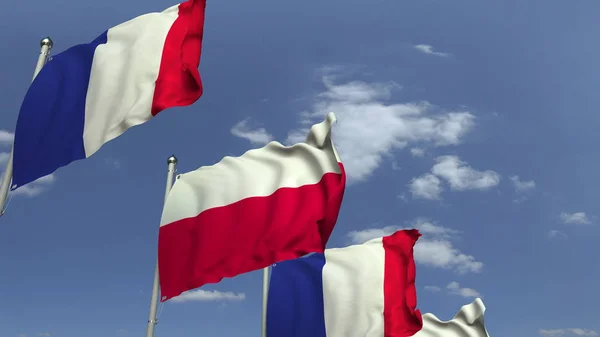 Bandiere sventolanti di Polonia e Francia, rendering 3D — Foto Stock