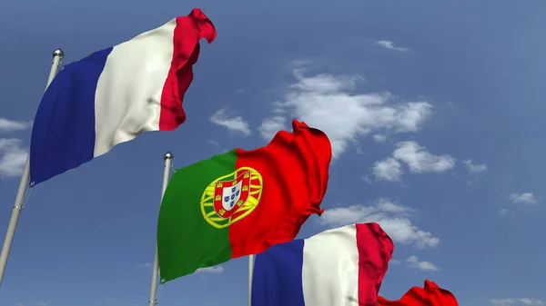 Много флагов Португалии и Франции, 3D рендеринг — стоковое фото
