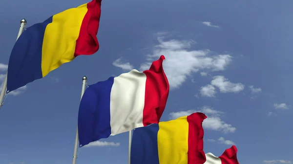 罗马尼亚和法国国旗在国际会议上，3D渲染 — 图库照片