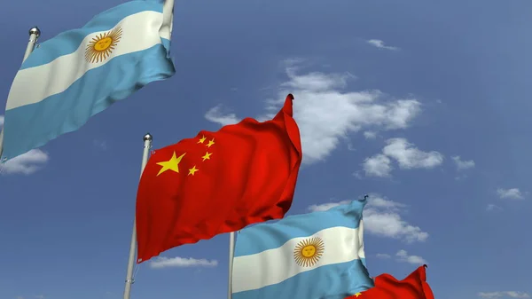 Fila de bandeiras acenando da Argentina e China, renderização 3D — Fotografia de Stock