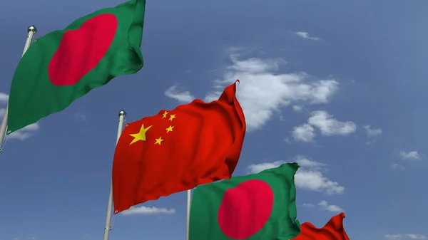 Flags of Bangladesh and China at international meeting, 3D rendering — Stock Photo, Image