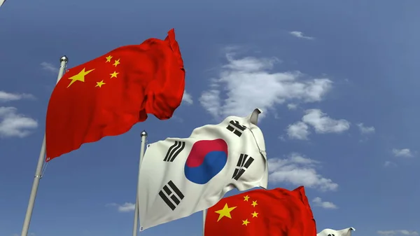 Muitas bandeiras da Coréia do Sul e China, renderização 3D — Fotografia de Stock