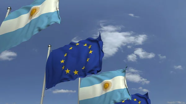Рядок розмахуючи прапори Аргентини та Європейського Союзу ЄС, 3D візуалізації — стокове фото