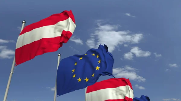 Ondeando banderas de Austria y la UE en el fondo del cielo, representación 3D — Foto de Stock