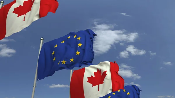 Rij van zwaaiende vlaggen van Canada en de Europese Unie EU, 3D-rendering — Stockfoto
