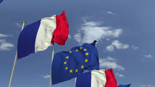 Flaggen von Frankreich und der Europäischen Union bei internationalen Treffen, 3D-Darstellung — Stockfoto