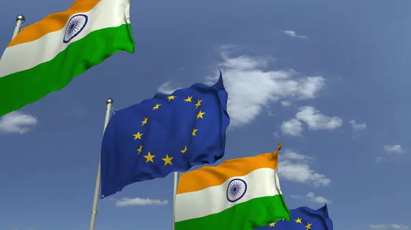 Fila de banderas ondeantes de la India y la Unión Europea EU, representación 3D — Foto de Stock