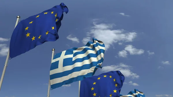 Många av Greklands och EU: s flaggor, 3D-rendering — Stockfoto