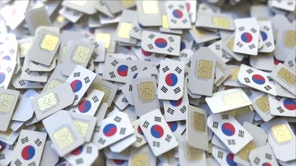 Güney Kore bayraklı sim kartlar. Kore hücresel ağ ile ilgili kavramsal 3d animasyon — Stok video