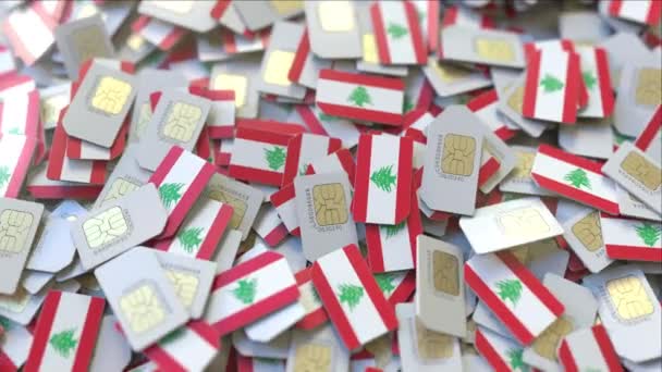 多个带有黎巴嫩国旗的 Sim 卡。黎巴嫩移动通信概念3D动画 — 图库视频影像
